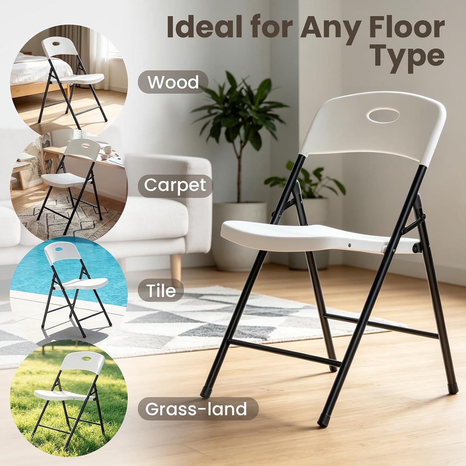 Folding Chairs 2 Pack,350 lbs Heavy Duty Metal Frame Plastic Foldable Chair,Ergonomic Portable Folding Chair with Non-Slip Feet, Indoor Outdoor Commercial Seating for Patio Party Wedding Camping,White