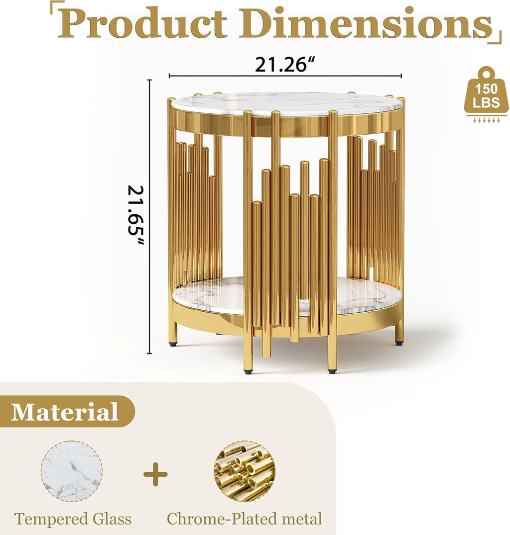 Round 2-Tier End Table, 21" White Faux Marble Top and Gold Stainless Steel Frame, Luxury Modern Side Table for Living or Bedroom