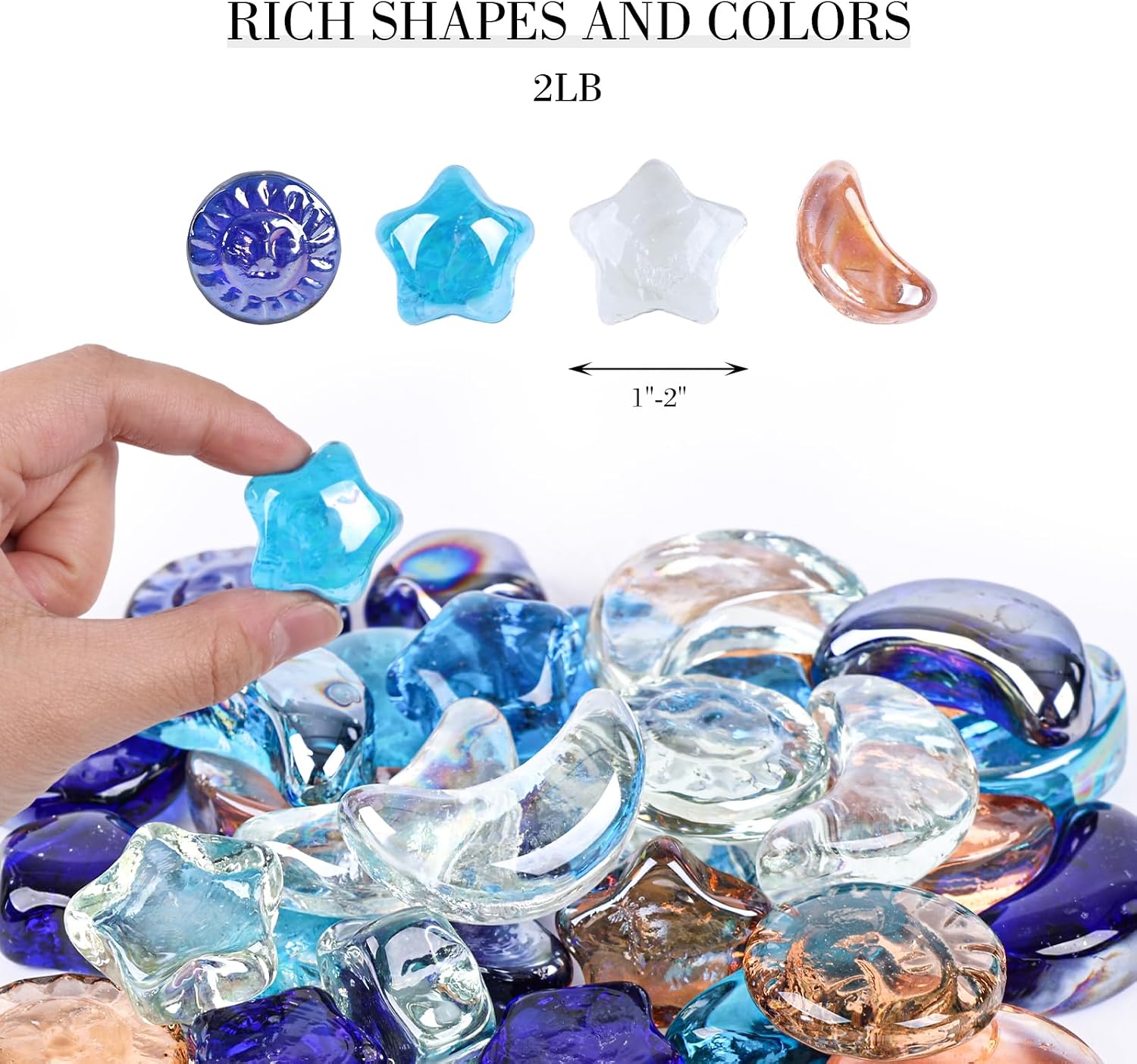 DomeStar 2 LB Glass Beads, Decorative Marbles for Vases, Sun Moon Stars Flat Marbles Glass Gem for DIY Aquarium Vase Fillers(35-40pcs)