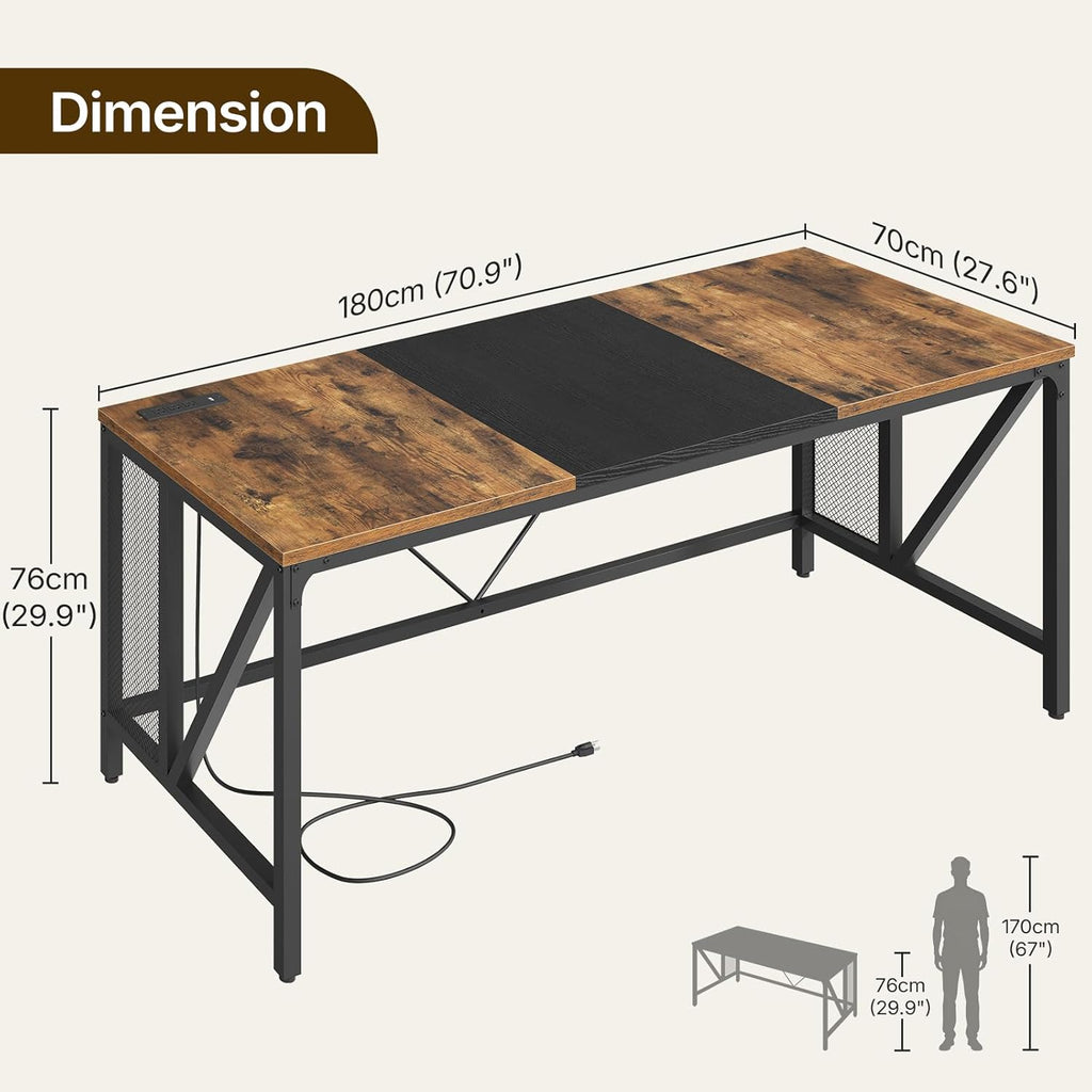 YATINEY 70.9" Computer Desk with Power Outlets, Gaming Desk, Large Office Executive Desk Workstation, Business Furniture for Home Office, Study, Rustic Brown and Black DN18UBR