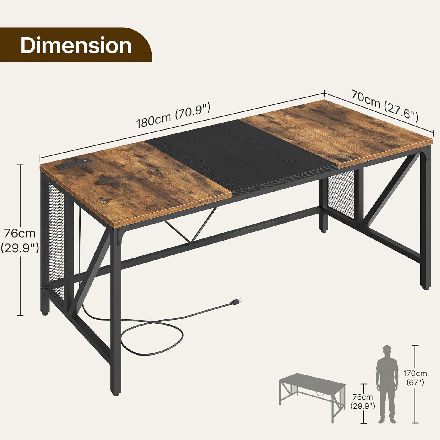 YATINEY 70.9" Computer Desk with Power Outlets, Gaming Desk, Large Office Executive Desk Workstation, Business Furniture for Home Office, Study, Rustic Brown and Black DN18UBR