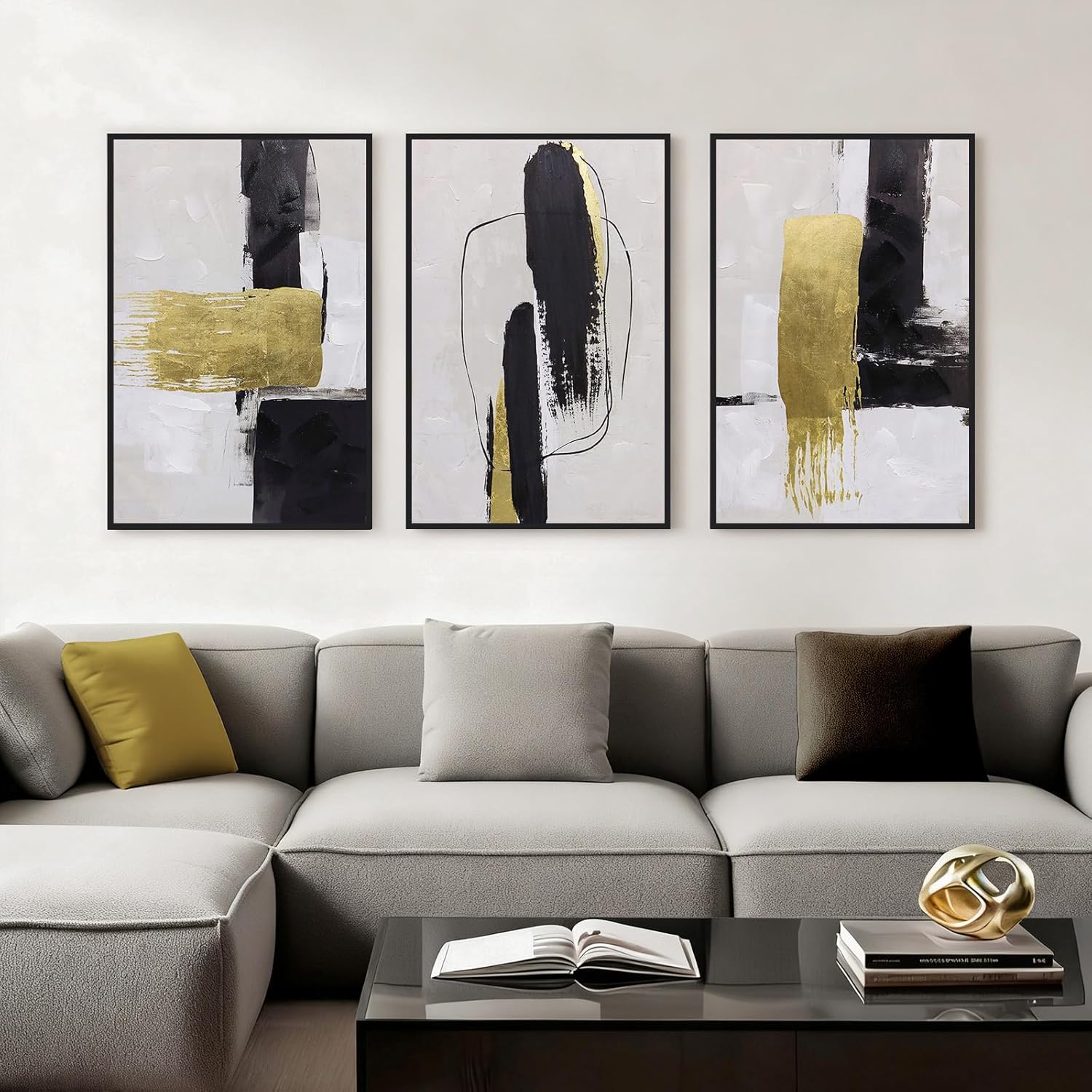 Abstract Neutral Textured Framed Canvas Wall Art Set of 3, Minimalist Wall Decor Modern Art Prints, Black Gold Wall Painting Artwork for Living Room,Bedroom,Dining Room,Office, 16"x24"
