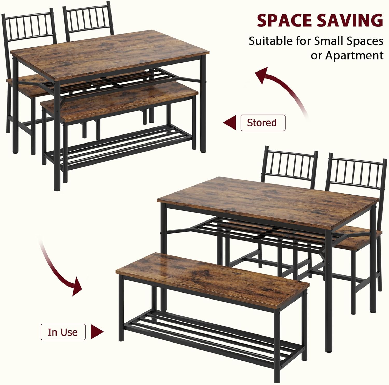 Garvee Dining Table Set for 4 with Bench and Chairs, 4-Piece Kitchen Table Set with Storage – Space-Saving Dining Table for Apartments and Dining Rooms, Brown