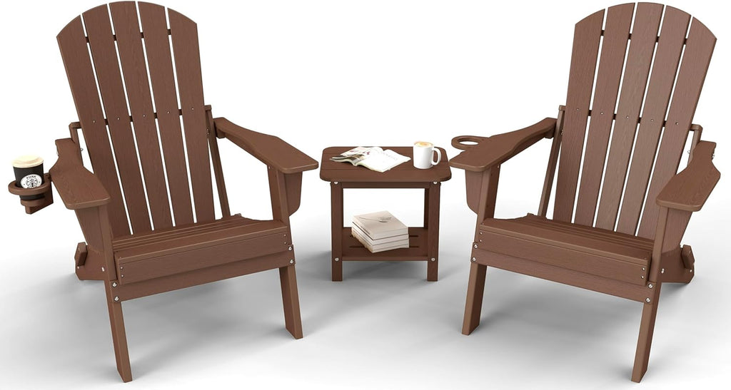Folding Adirondack Chair 3-Piece Set - 38" Extra Tall Back & Embossed Wood Grain, Oversized HDPE Patio Furniture with Side Table & Cup Holders, 380lb Heavy Duty,Coffee