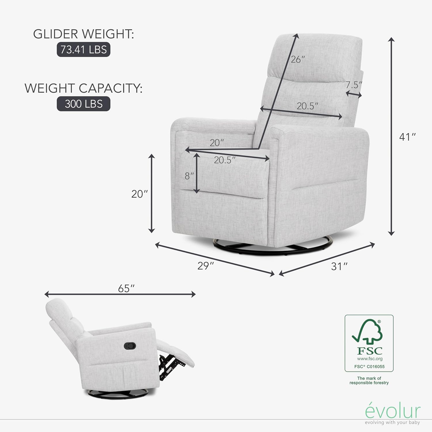 Evolur Peyton Manual Glider Recliner – Fog Grey, Rocking & 360° Swivel with Smooth Glide – GREENGUARD Gold & FSC Certified – Modern Nursery and Living Room Chair