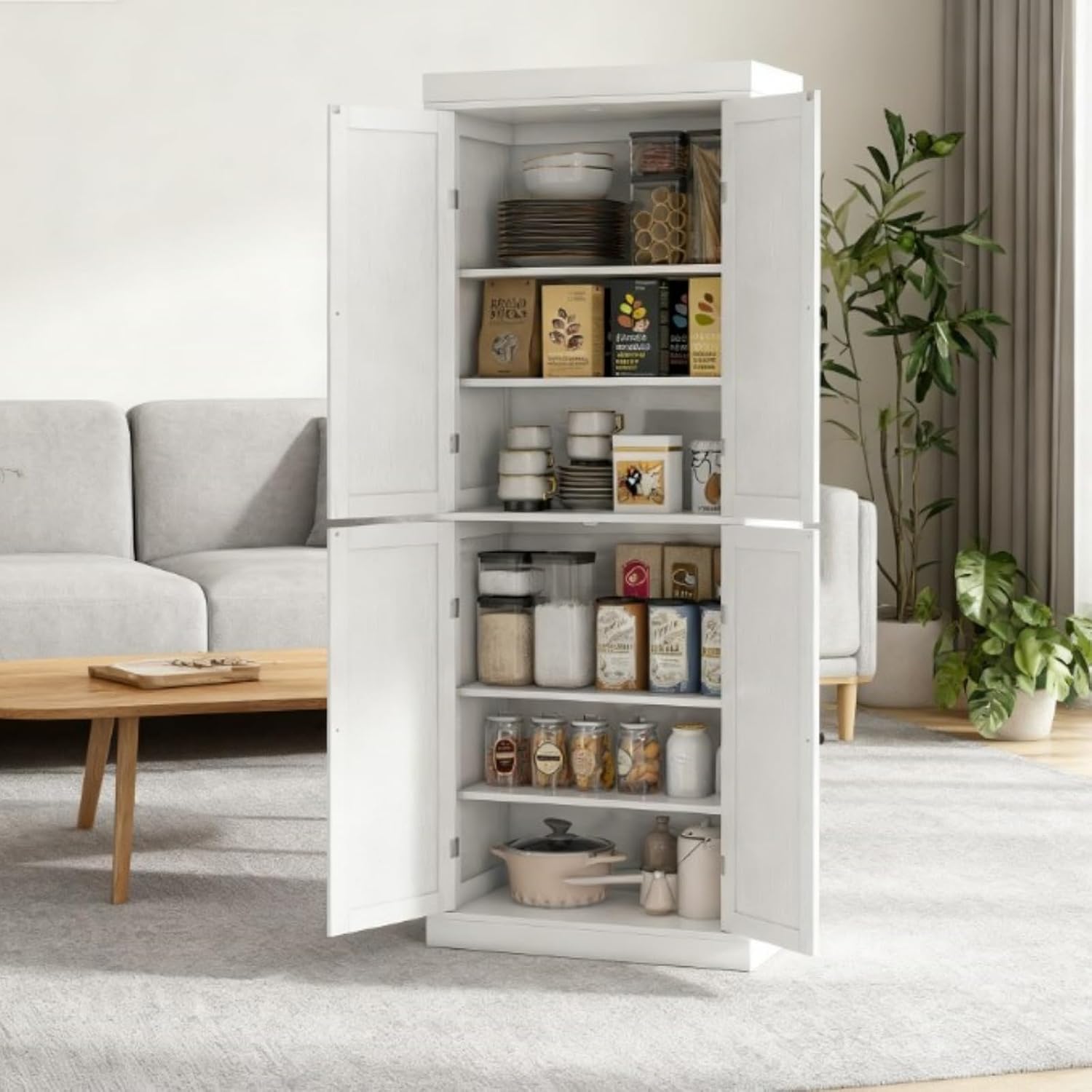 White Modern Style Freestanding Food Pantry Cabinet, Kitchen Floor Storage Cabinet with 4 Doors & 6-Tier Shelves, Dining Room Living Room Bathroom, 30x16x72.5 Inches