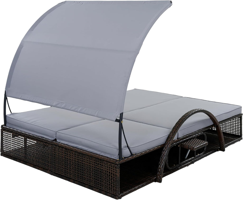 Outdoor Sun Lounger with Adjustable Backrest,Canopy, Patio Double Sunbed with Hidden Side Table and Arched Armrests,Suitable for Pool Deck,Garden,Backyard (Gray+Canopy)