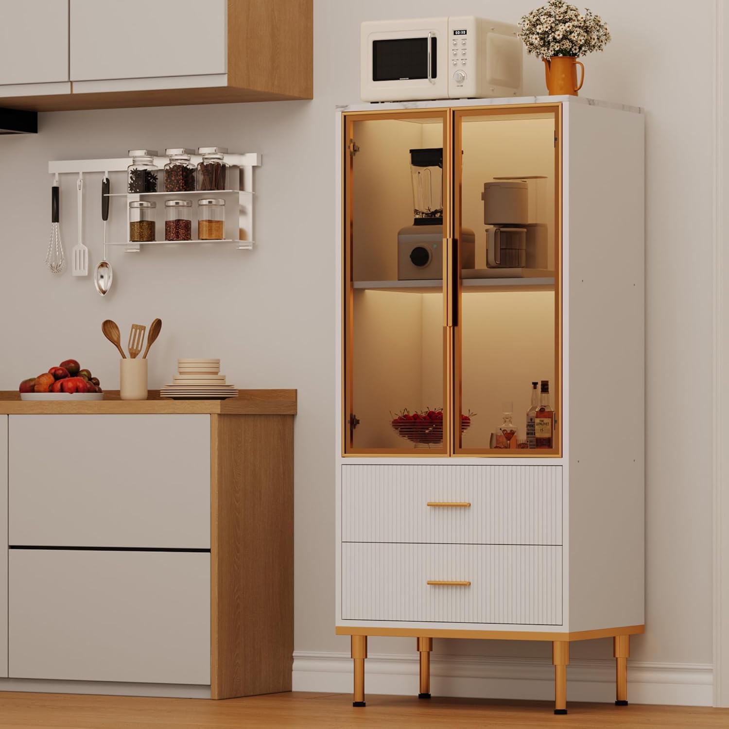Garvee Fluted Pantry Cabinet with Glass Door and 2 Drawers, Kitchen Pantry Storage Cabinet with Adjustable Shelves, Modern Display Sideboard for Kitchen, Dining Room, Living Room, White
