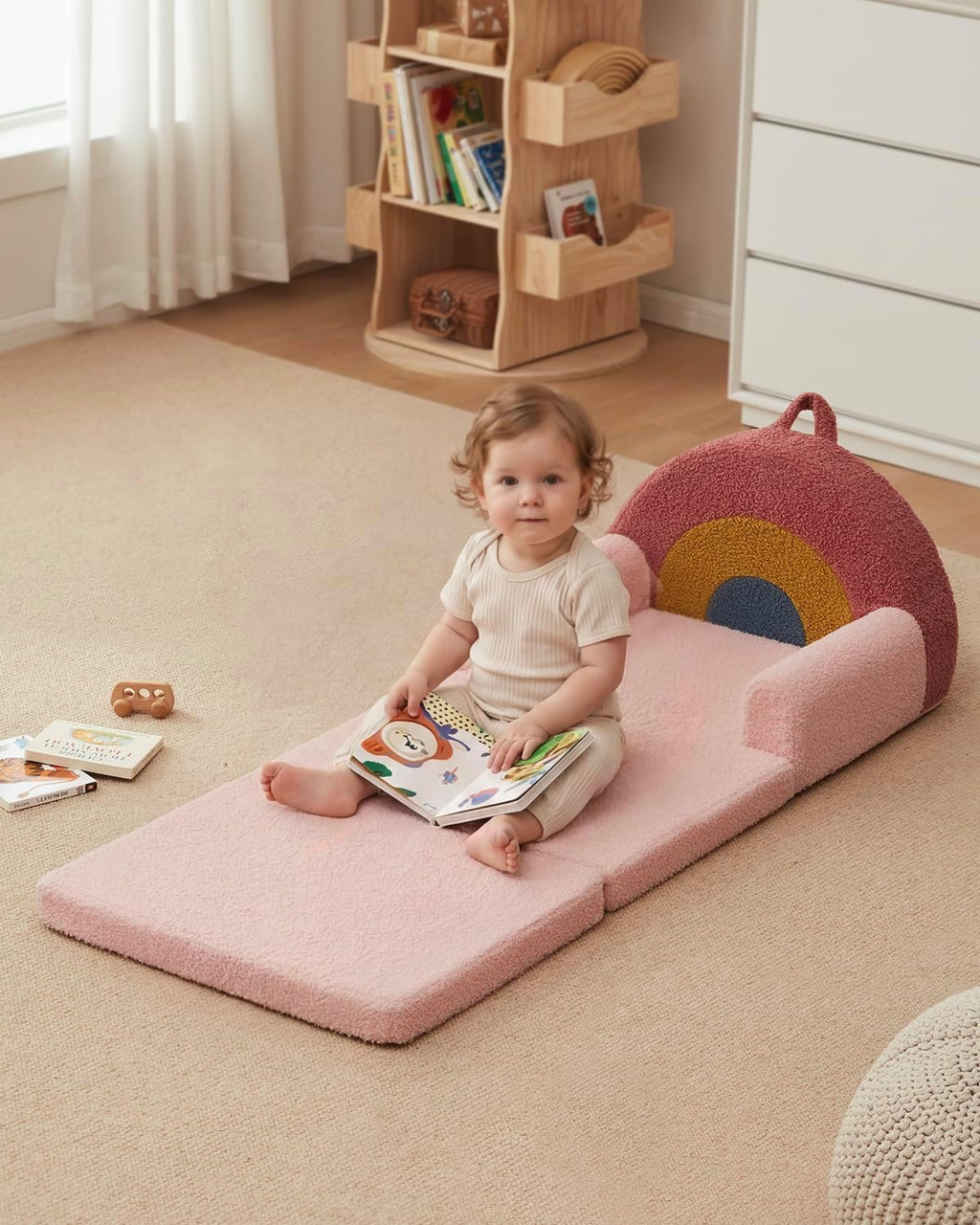 Blissful Diary Foldable Kids Couch, 2-in-1 Comfy Kids Chair for Reading, Playroom, Kids Couch Sofa for Girls Boys Birthday Gift, Blush Rainbow