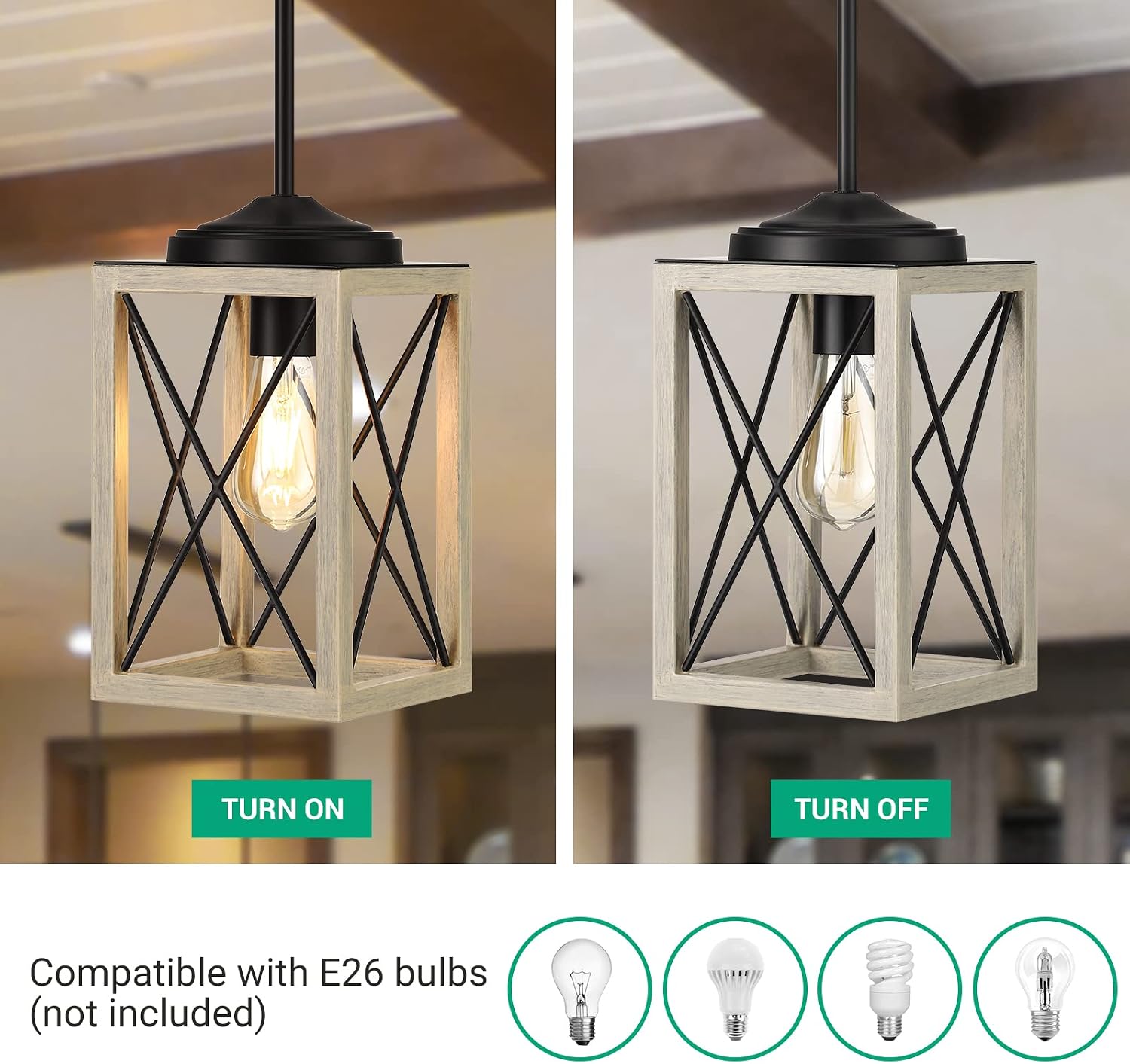 DEWENWILS Farmhouse Pendant Light, Metal Hanging Light Fixture with Wooden Grain Finish, 48" Adjustable Pipes for Flat and Slop Ceiling, Kitchen,Island, Living Room, Bedroom, E26 Base