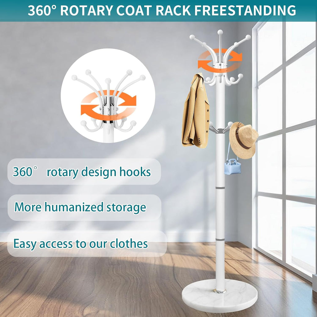 OIRUMIE Coat Rack,360°Rotary Coat Rack Stand,Coat Tree Stand for Entryway | Metal Coat Rack Freestanding with Natural Marble Base & 14 Hooks,White Modern Coat Stand, Clothes Hall Tree Stand for Hallway