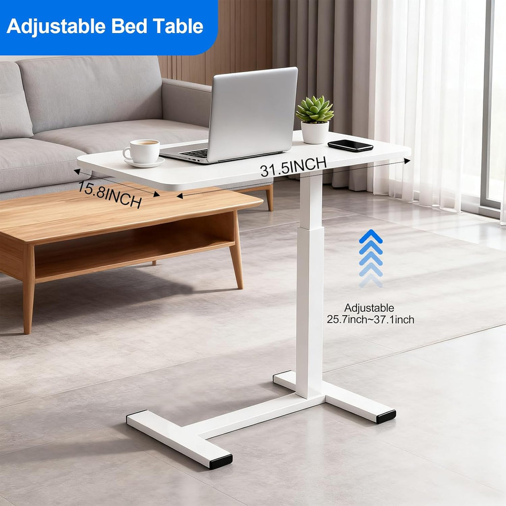 Pneumatic Adjustable Height C-Shaped End Table,Slides Under Furniture, Hospital Bed Table Side Table for Sofa & Bedside, Hidden Wheels for Small Spaces(15.8''Wx31.5'D'x37.1''H,White)