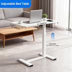 Pneumatic Adjustable Height C-Shaped End Table,Slides Under Furniture, Hospital Bed Table Side Table for Sofa & Bedside, Hidden Wheels for Small Spaces(15.8''Wx31.5'D'x37.1''H,White)