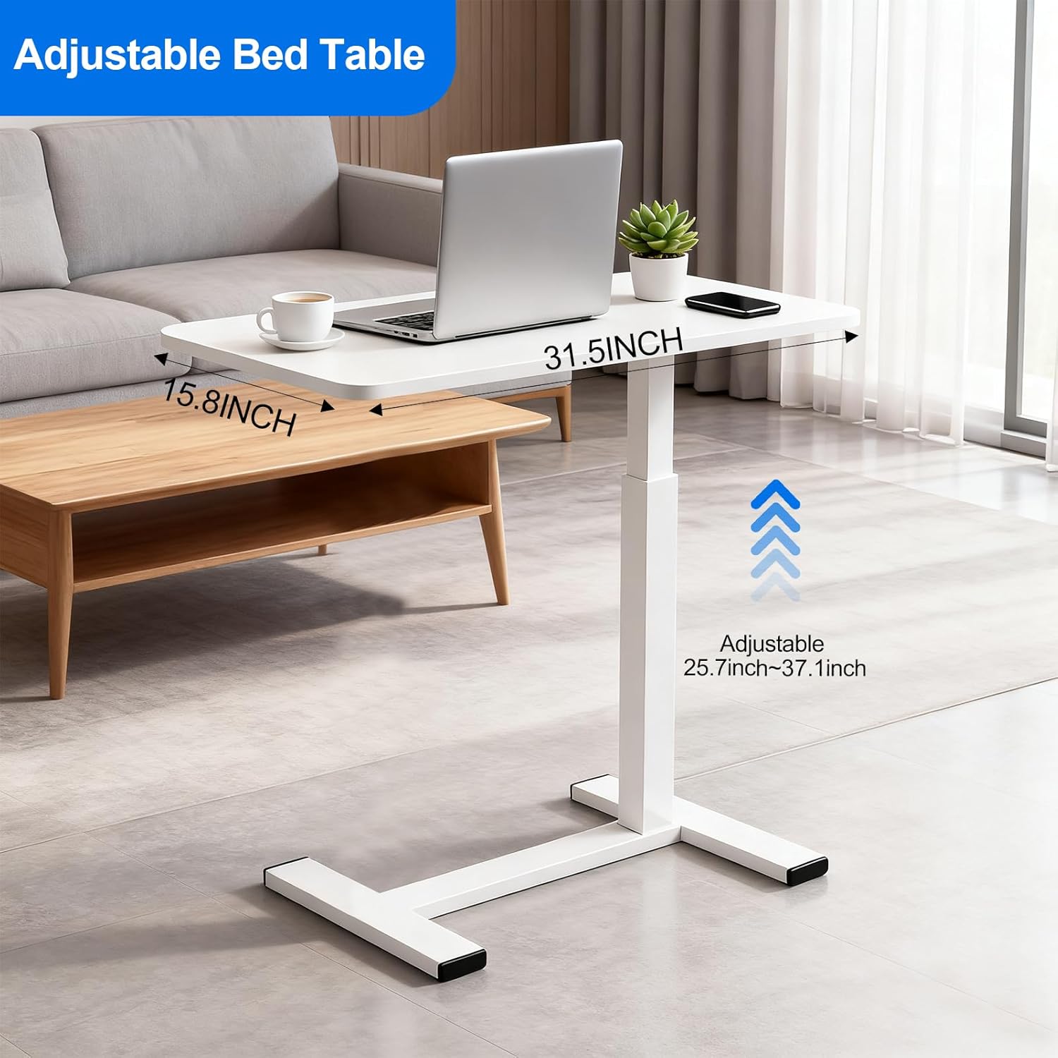 Pneumatic Adjustable Height C-Shaped End Table,Slides Under Furniture, Hospital Bed Table Side Table for Sofa & Bedside, Hidden Wheels for Small Spaces(15.8''Wx31.5'D'x37.1''H,White)