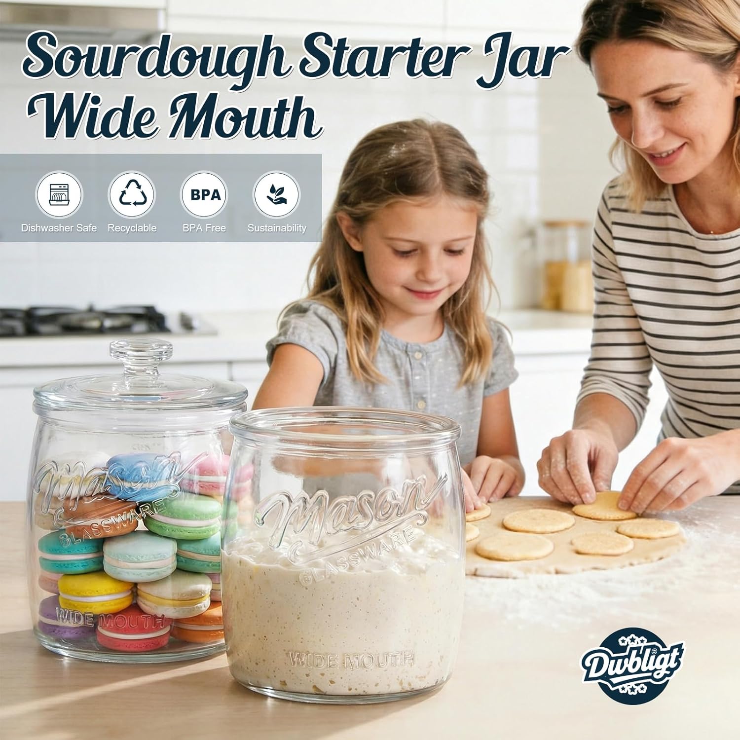 2 Pack Cookie Jar, Half Gallon Glass Jar with Airtight Lids for Cookies, Candy, Flour, Dog Treats, Coffee, Laundry Room Storage & Pantry, Wide Mouth Mason Jar for Sourdough Starter
