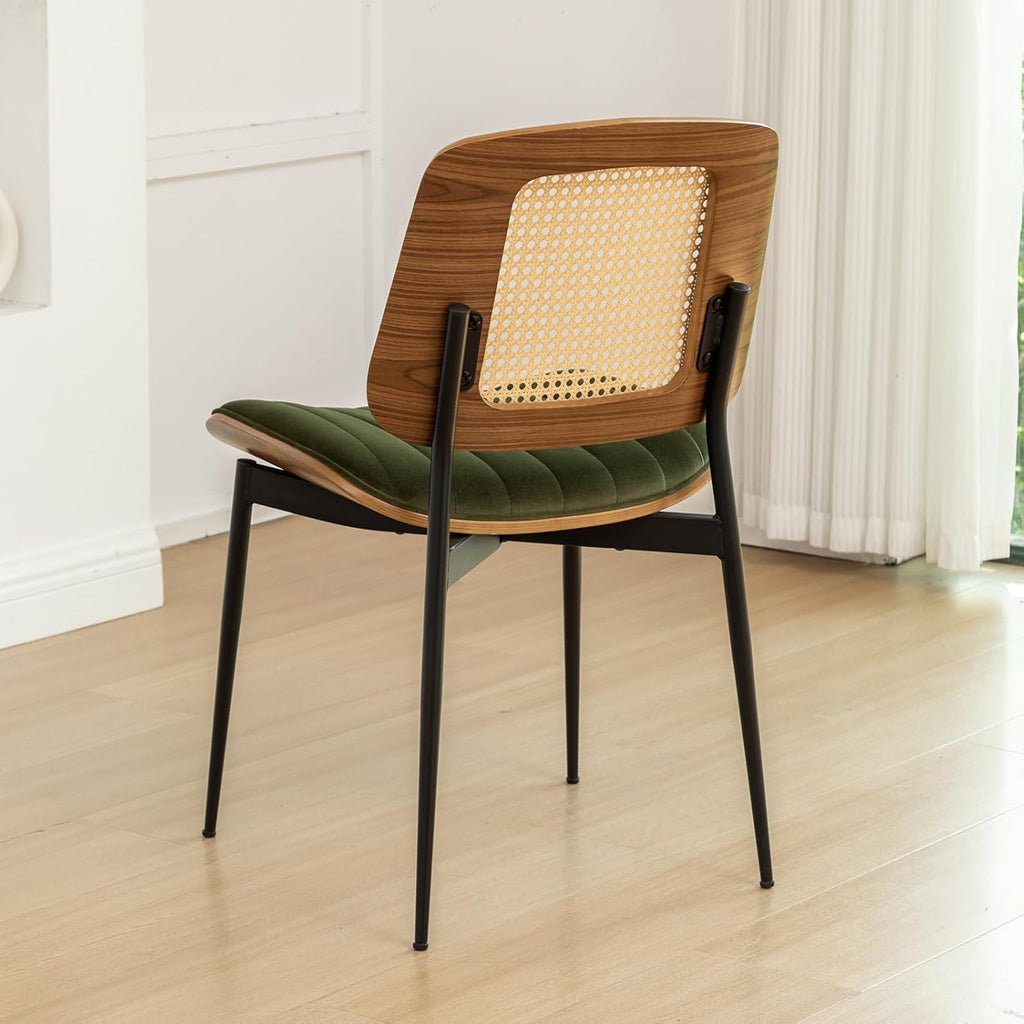 Rattan Dining Room Chairs Set of 2, Mid Century Modern Kitchen Chairs,Green Velvet Walnut Wood Finish Side Chair, Metal Legs Chair with Rattan Backrest,Green Fabric