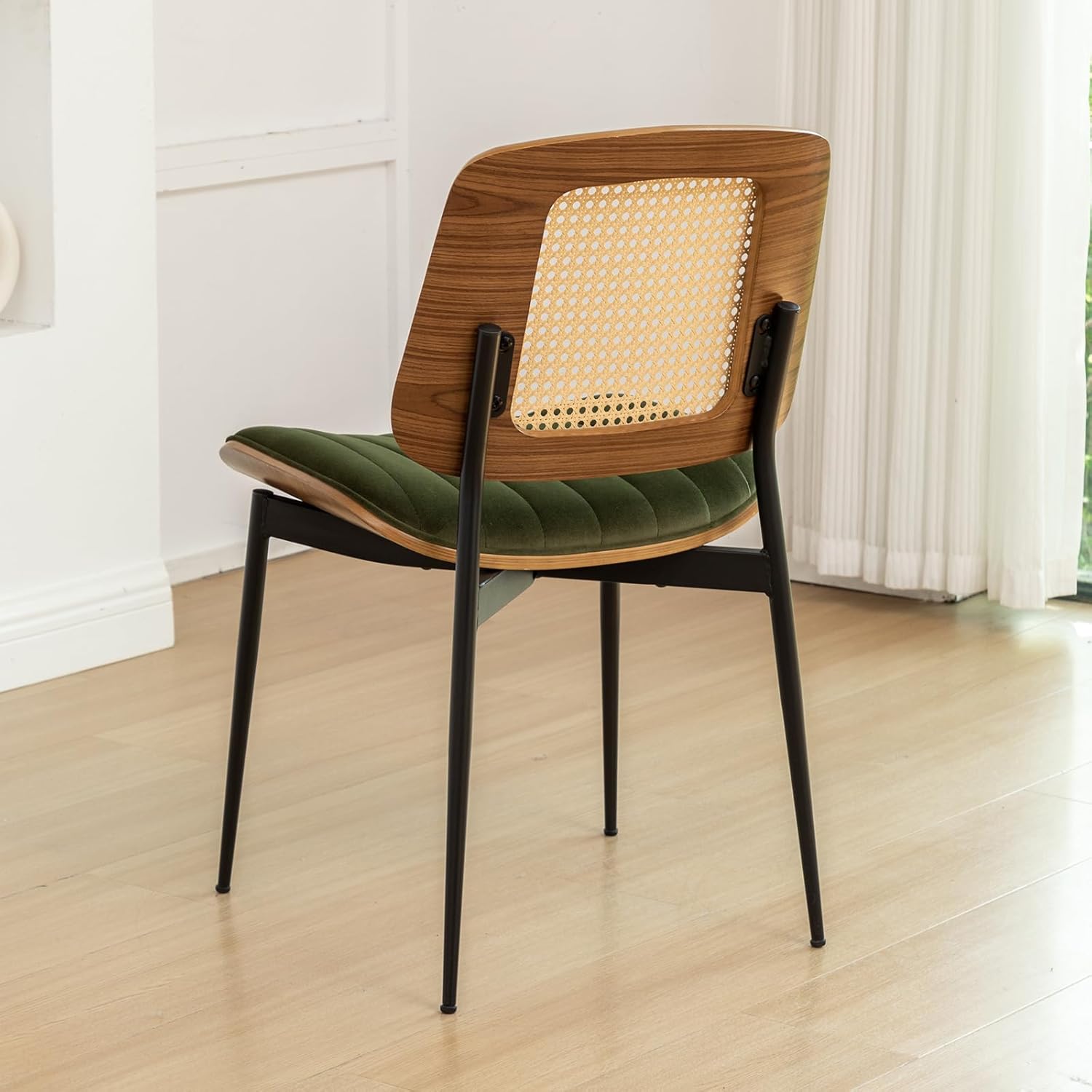 Rattan Dining Room Chairs Set of 2, Mid Century Modern Kitchen Chairs,Green Velvet Walnut Wood Finish Side Chair, Metal Legs Chair with Rattan Backrest,Green Fabric