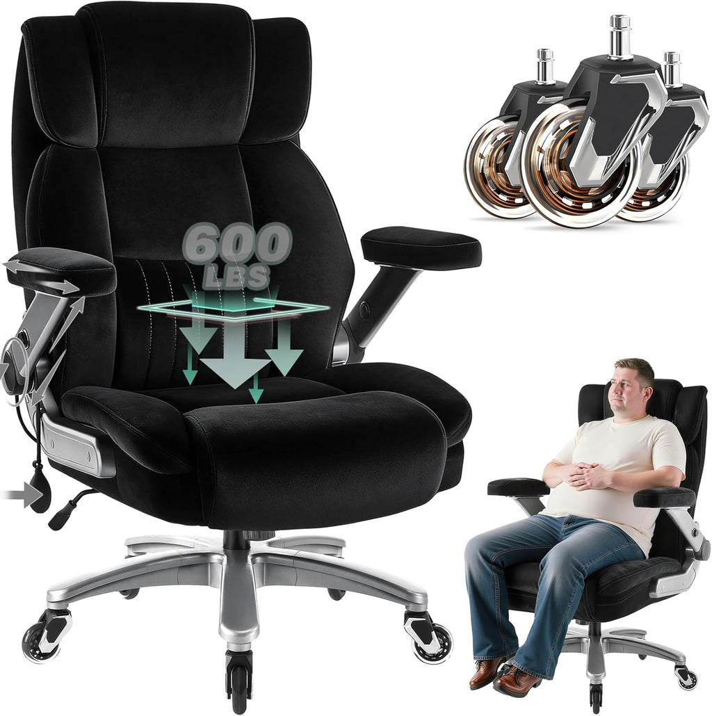 Fabric Big and Tall Office Chair 600LBS Capacity with 5D Flip Arms,Heavy Duty Cloth Computer Chair,Plus Size High Back Desk Chair with Wide Pocket Spring Seat