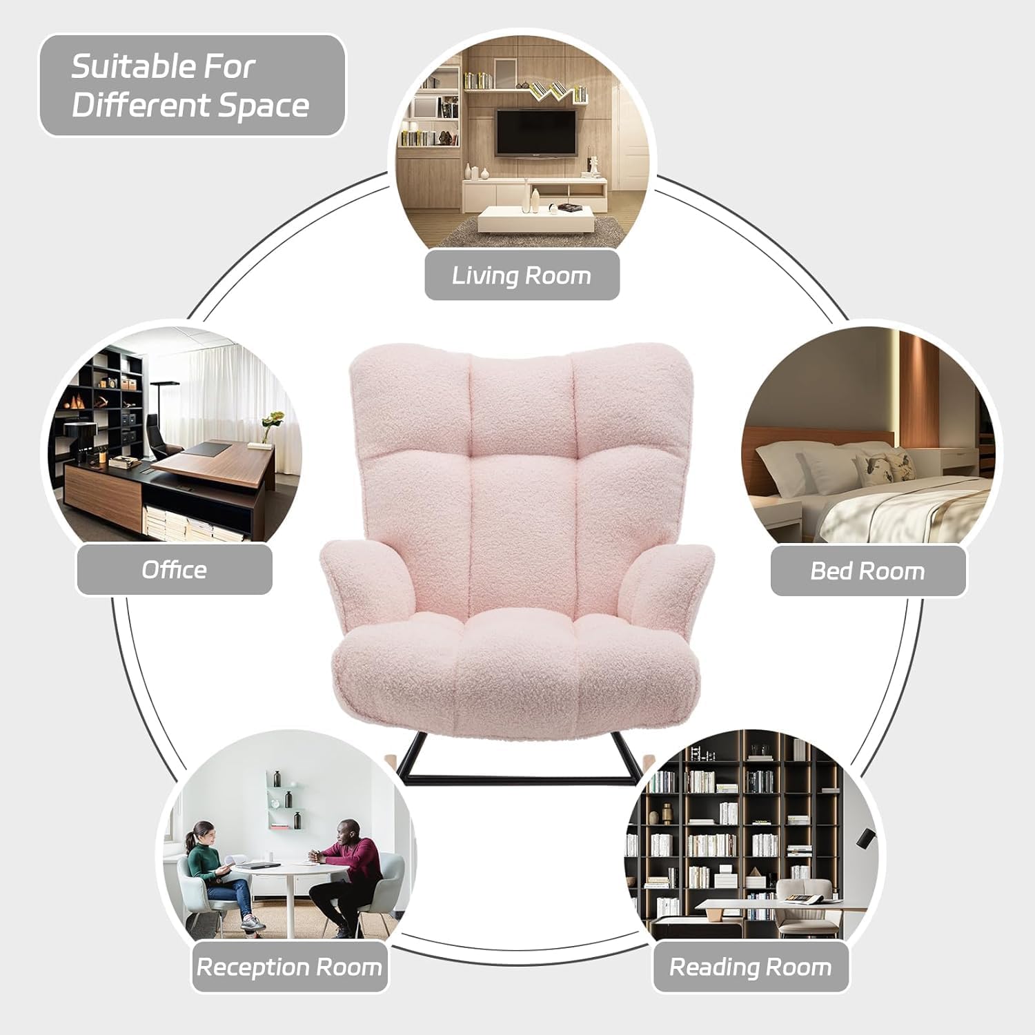 Rocking Chair Nursery Teddy, Upholstered Baby Fluffy Glider Rocker for Adults Indoor, Comfy Sherpa Compact Nursing Chairs for Small Spaces, Living Room, Classroom, Bedroom, Pink
