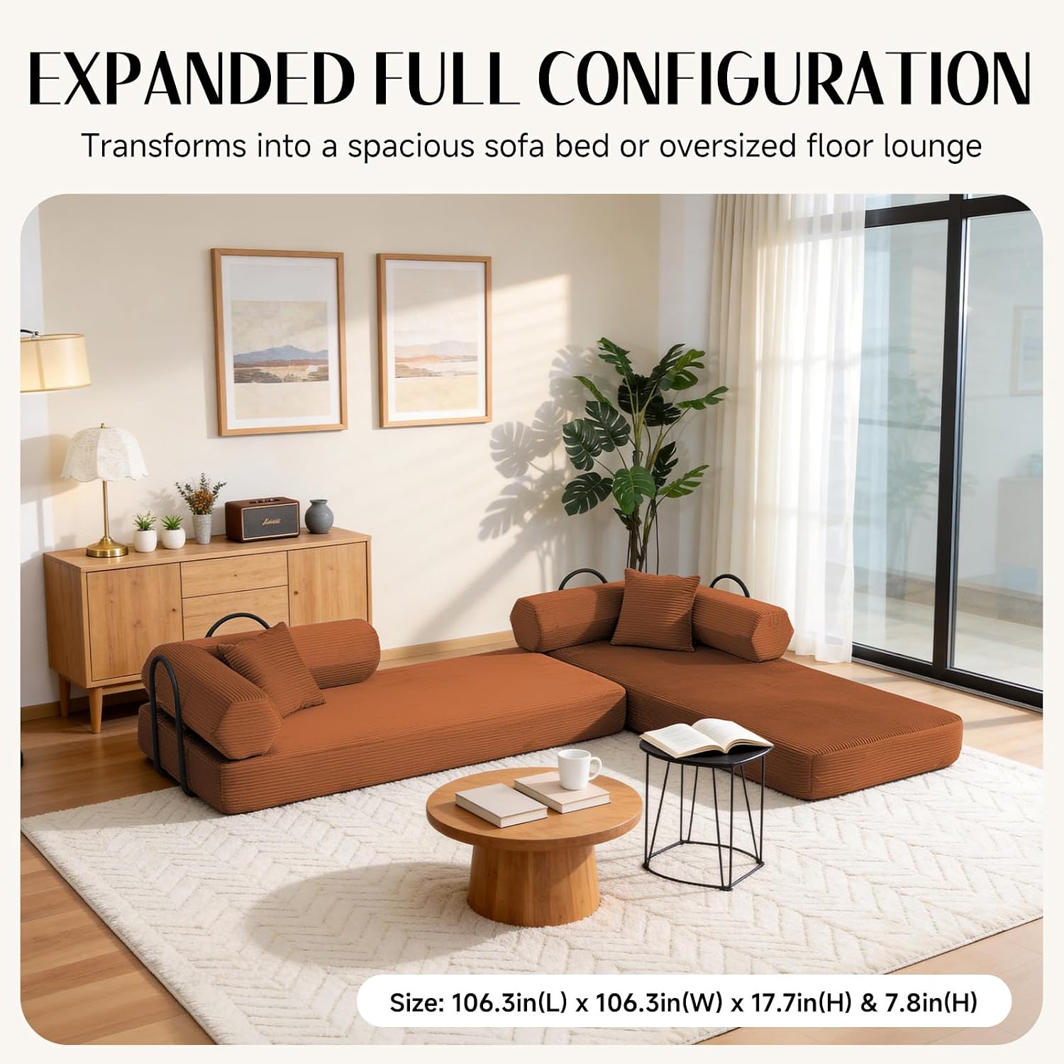 79" Corduroy Sofa Bed, Boneless Couch in a Box with 2 Pillows, High-Density Foam 4-in-1 Foldable Sleeper Futon Loveseat for Small Spaces, No Assembly, Side Pockets, Hex Arm Orange