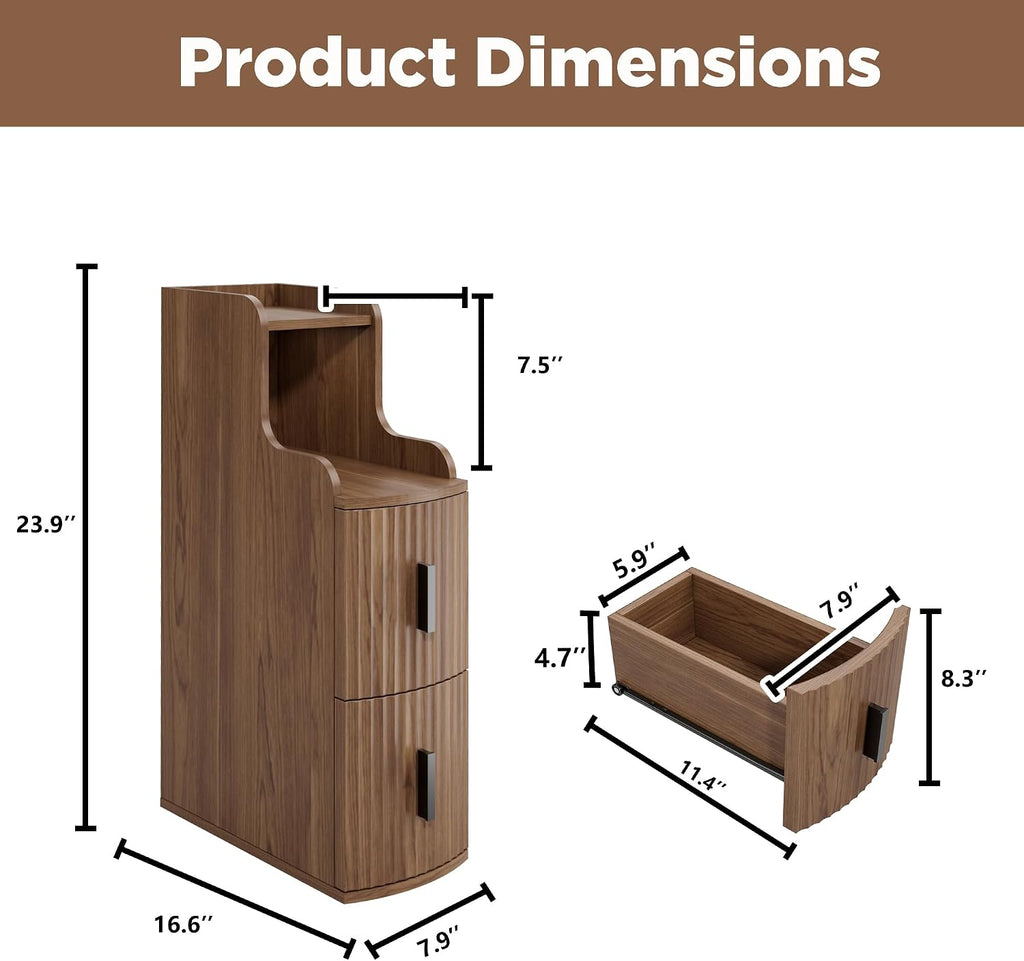 Narrow End Tables Set of 2 with 2 Storage Drawers for Living Room Office Slim Side Tables Small Nightstands Modern Beside Tables for Sofa Bedroom Small Spaces (2, Walnut)