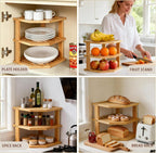 Bamboo Plate Organizer for Cabinet Set,3 Tier Corner Shelf & Vertical Plate Holder, Durable Space Saver Wooden Dish Racks for Kitchen Cabinet RV Plates,Dishes,Bowls,Spice,Lids,Bread Pantry - 1 Set