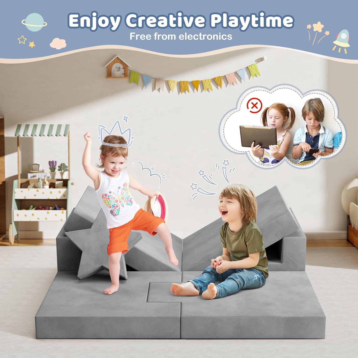 Lischwert Kids Couch, Modular Kids Play Couch, Child Sofa for Girls Boys, Toddler Sectional Sofa with Building Fort, Convertible Foam Playhouse for Baby Indoor Outdoor (9, Grey)