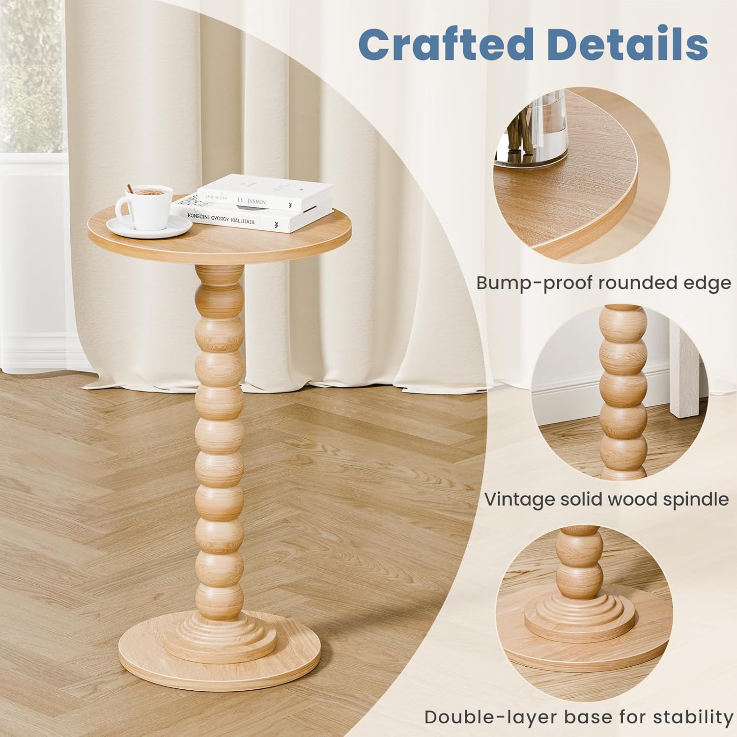 DUMOS Round Side Table for Small Spaces, Wood Modern Modern Accent End Table with Solid Wood Leg, Versatile Drink Nightstand for Living Room, Bedroom, Corners and Office