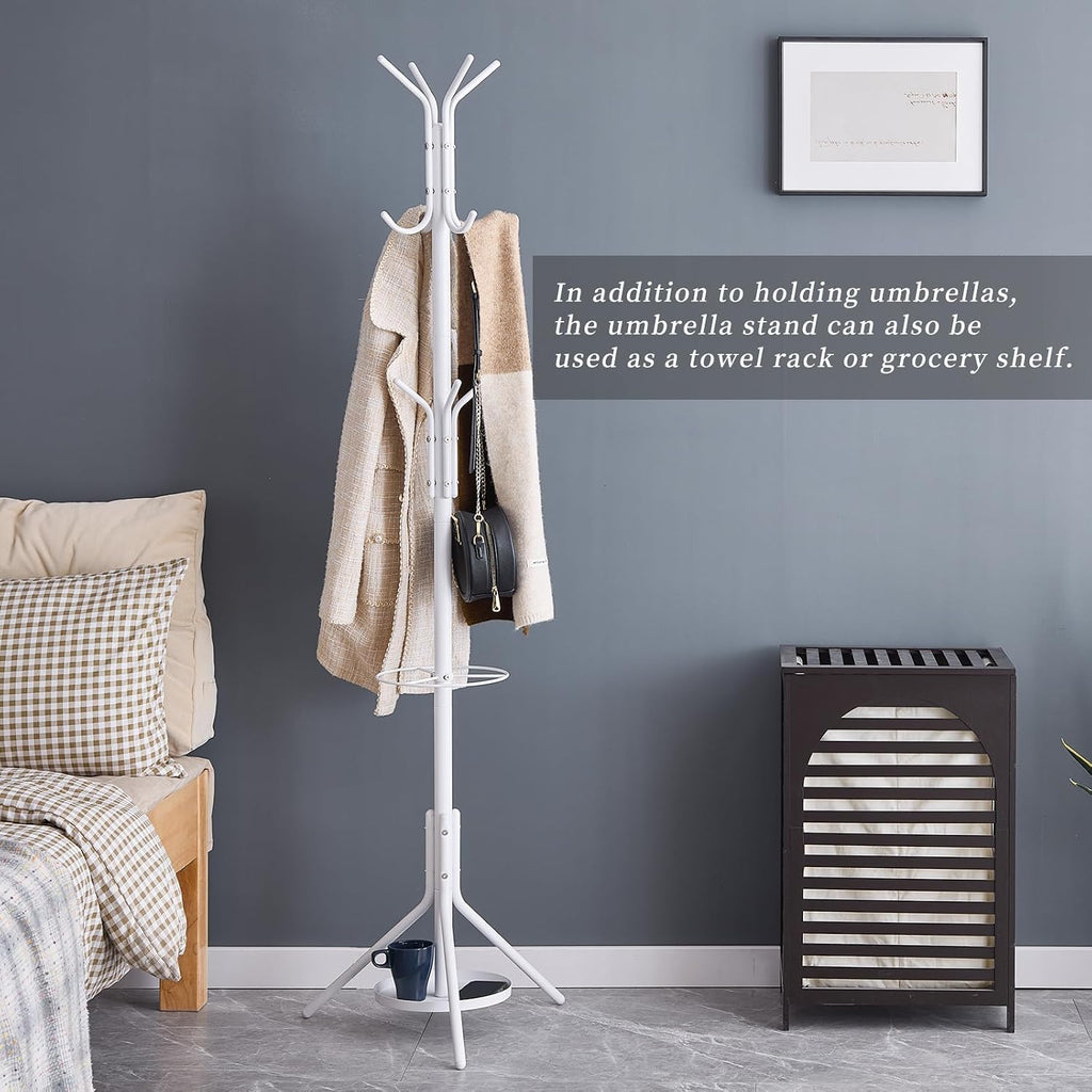 Kitsanery Coat Rack Freestanding,Metal Coat Tree with Umbrella Holder,Hat and Coat Rack Stand for Entryway, Hallway, Living Room, Bedroom (White)