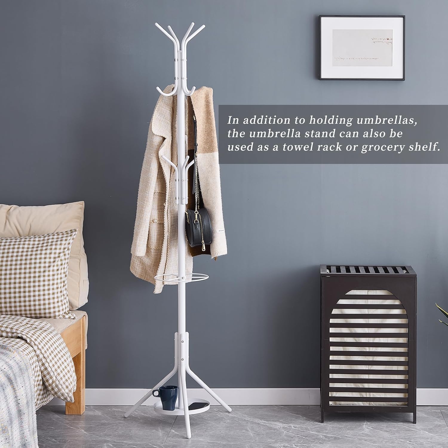 Kitsanery Coat Rack Freestanding,Metal Coat Tree with Umbrella Holder,Hat and Coat Rack Stand for Entryway, Hallway, Living Room, Bedroom (White)