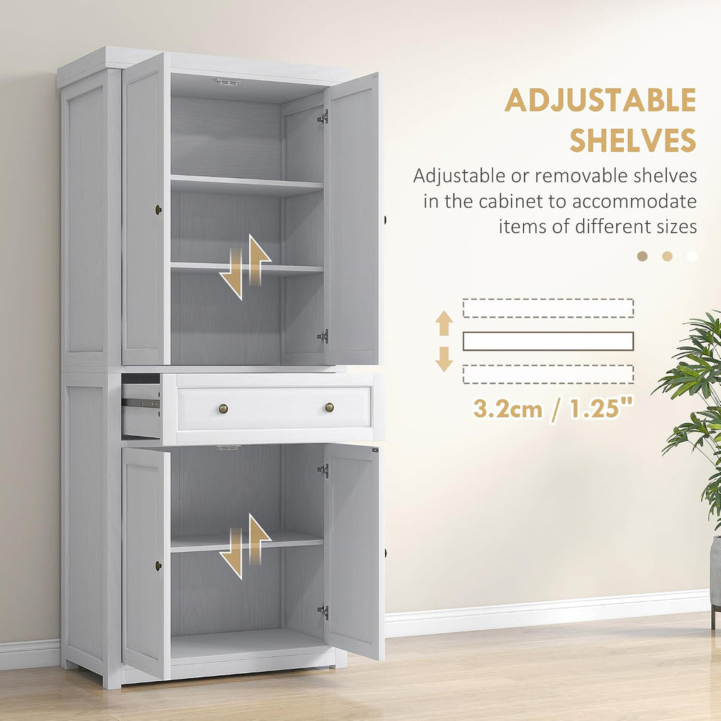 72.5" Tall Farmhouse Kitchen Pantry Storage Cabinet, Freestanding Kitchen Cabinet with 4 Doors, Drawer and Adjustable Shelves for Dining Room, Distressed White,16 * 30 * 72.5
