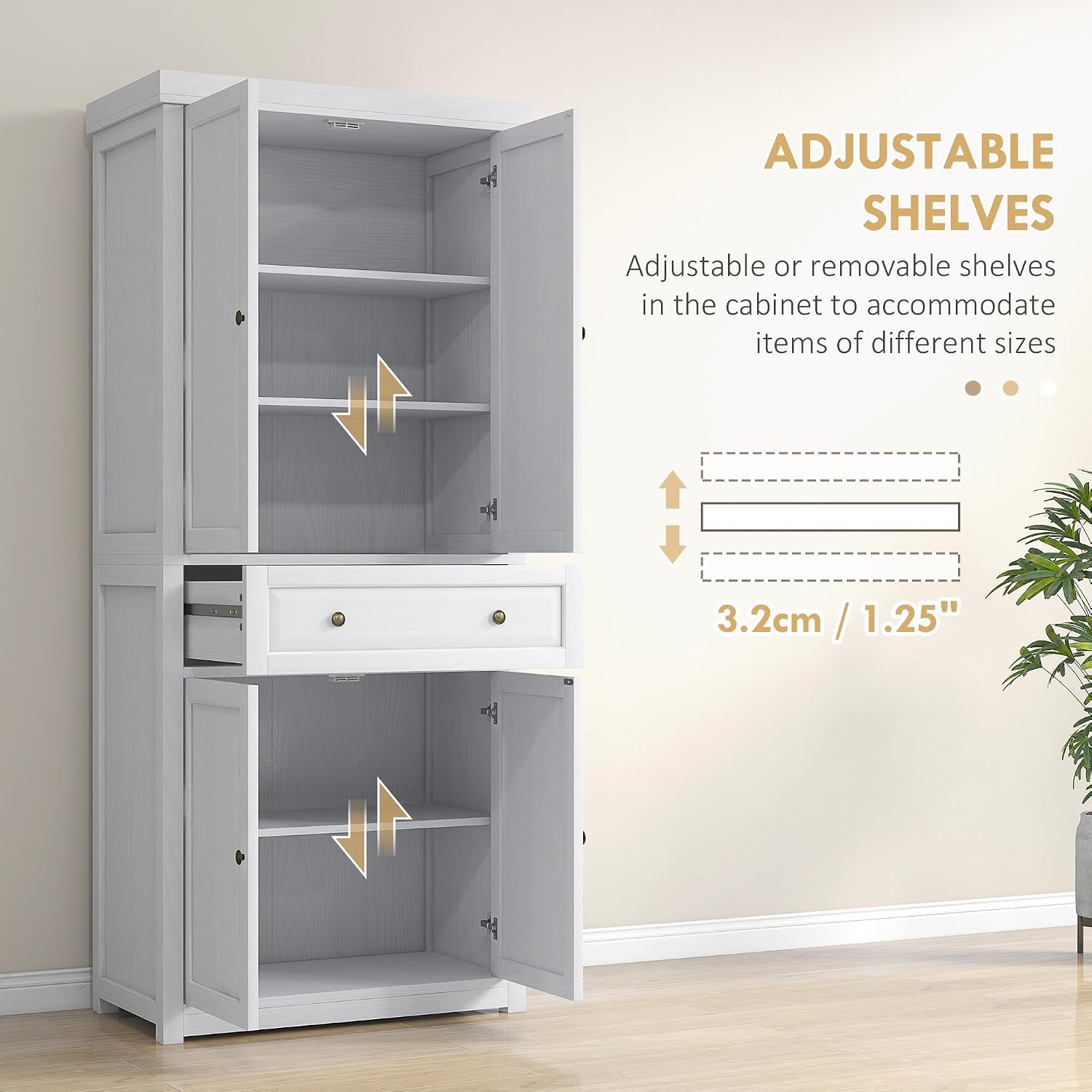 72.5" Tall Farmhouse Kitchen Pantry Storage Cabinet, Freestanding Kitchen Cabinet with 4 Doors, Drawer and Adjustable Shelves for Dining Room, Distressed White,16 * 30 * 72.5