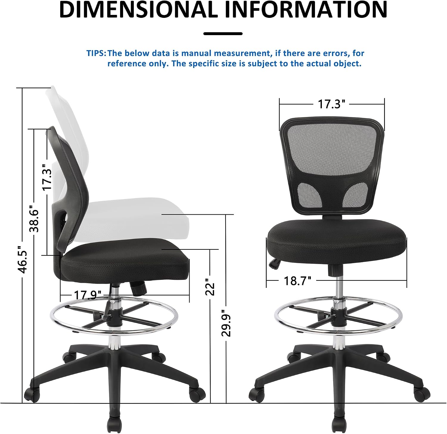 HYLONE Ergonomic Office Chairs, Office Drafting Chair, Rolling Stool Chair Armless Standing Desk Chair with Footrest Bar Stools for Home,Office & Bar