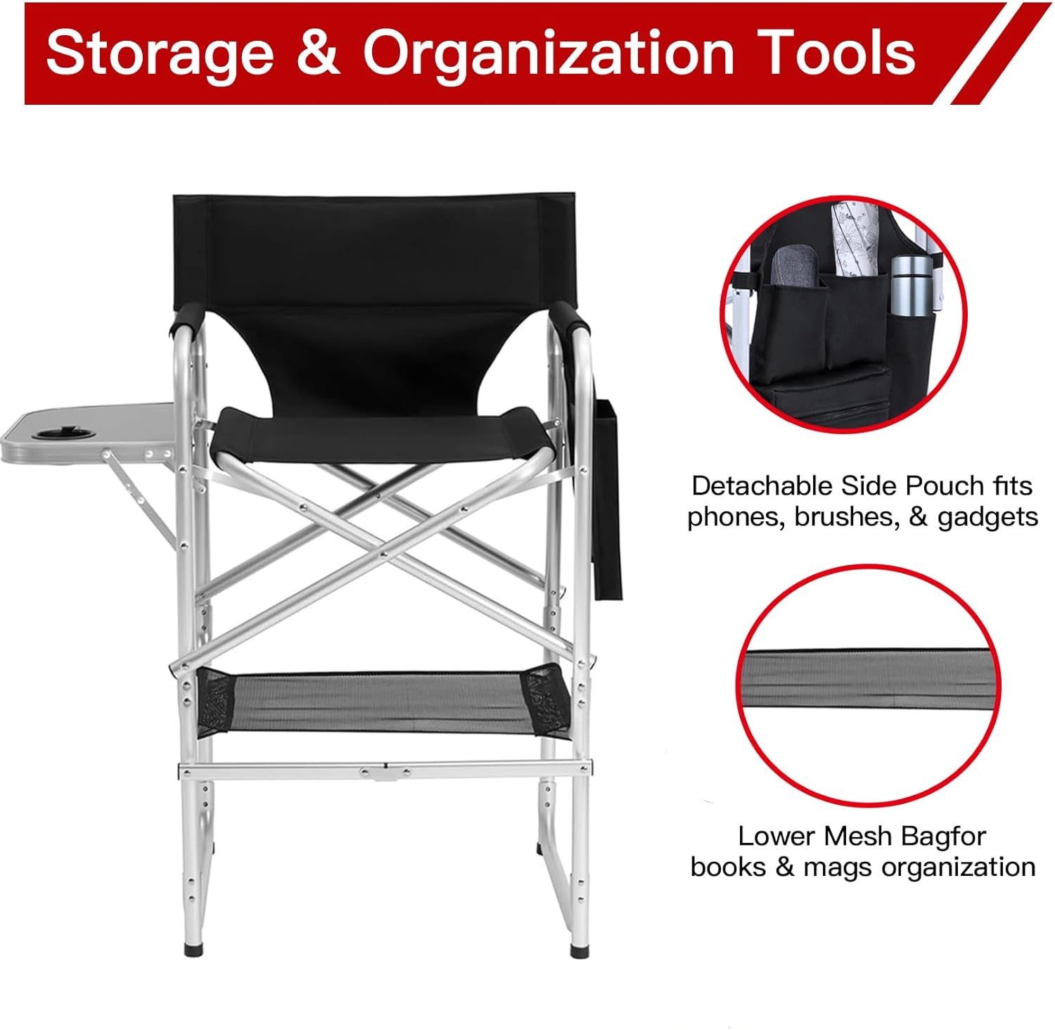 Tall Makeup Chair 41'', Director Chair 600 lbs Foldable Portable, Makeup Chair for Makeup Artist with Table, Cup Holder, Storage Bag & Footrest