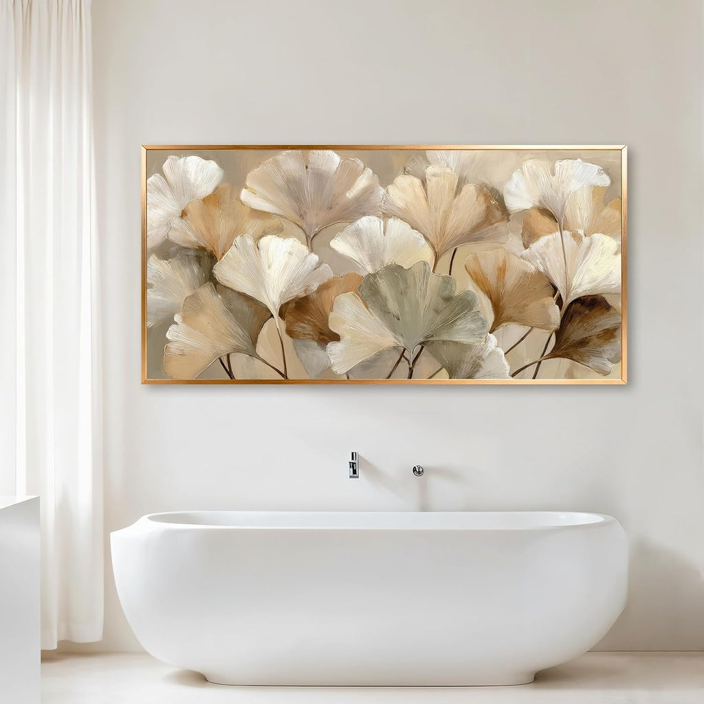 Azatyam Ginkgo Leaf Wall Art Frame Neutral Beige Floral Decor Botanical Nature Picture Ginkgo Leaves Canvas Prints for Living Room Bedroom Office Dining Large Brown Grey Yellow Metal Frame Art 24" x 46"