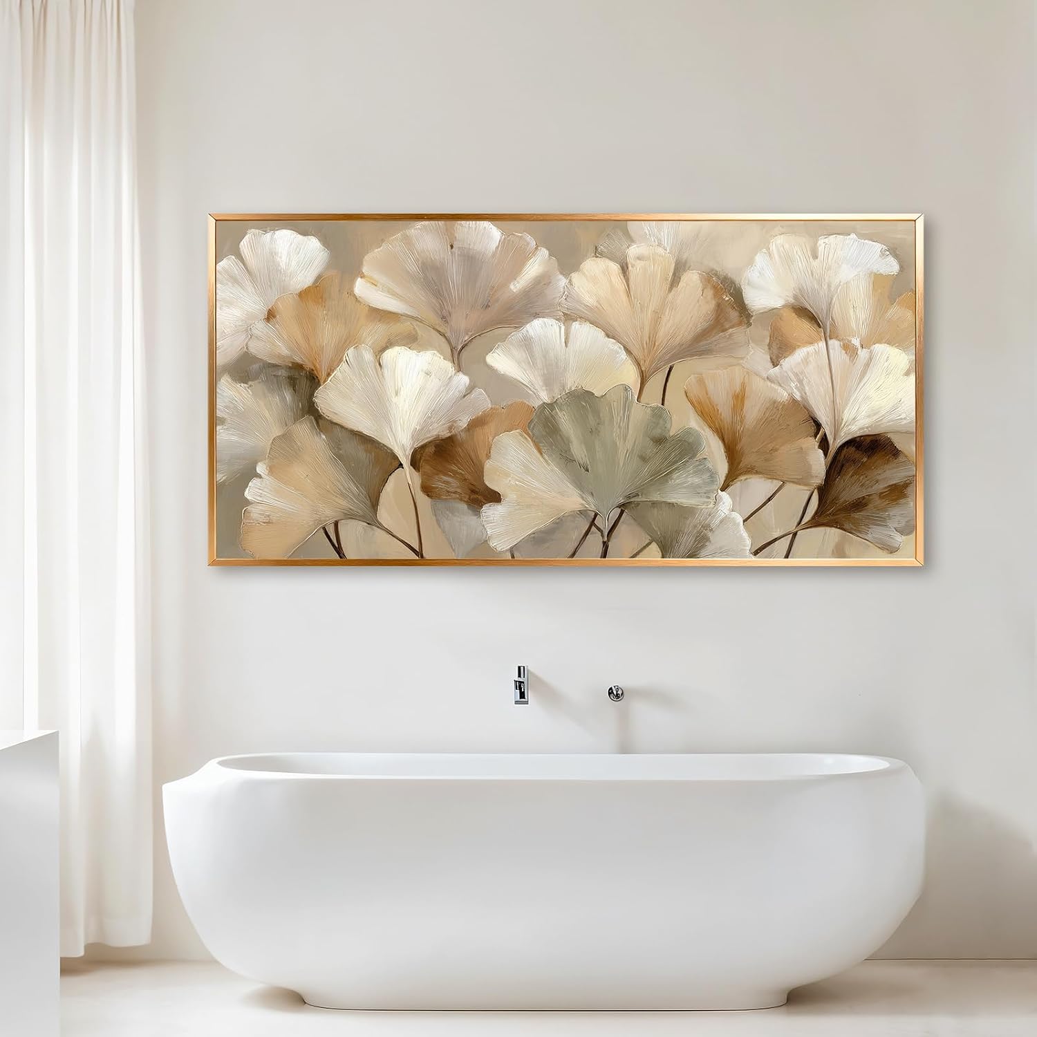 Azatyam Ginkgo Leaf Wall Art Frame Neutral Beige Floral Decor Botanical Nature Picture Ginkgo Leaves Canvas Prints for Living Room Bedroom Office Dining Large Brown Grey Yellow Metal Frame Art 24" x 46"