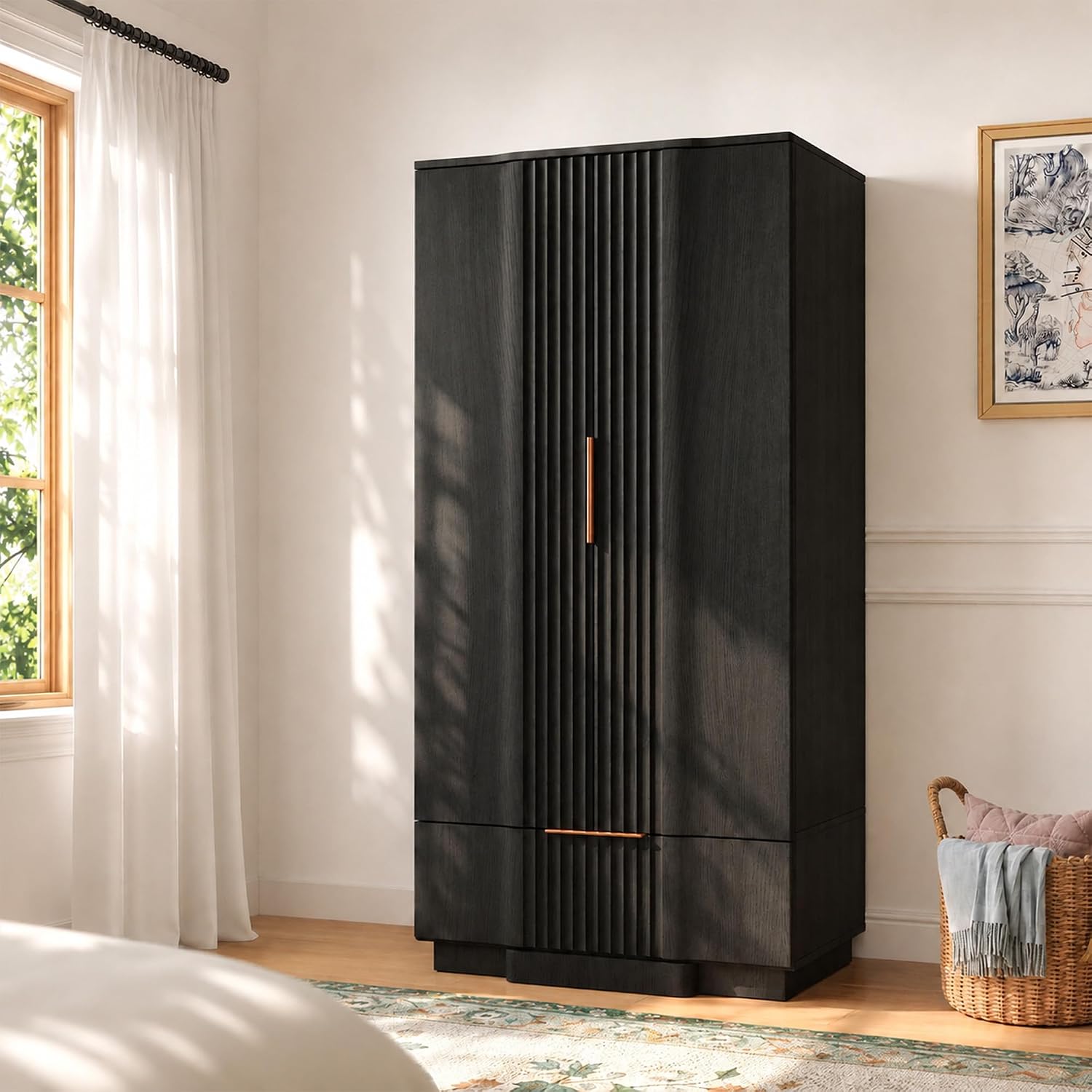 Yechen 67" Fluted Armoire Wardrobe Closet with Doors and Drawer | Wooden Wardrobe Closet Cabinet with Adjustable Shelve, Modern Small Armoires Storage Clothes, Coats for Bedroom, Black