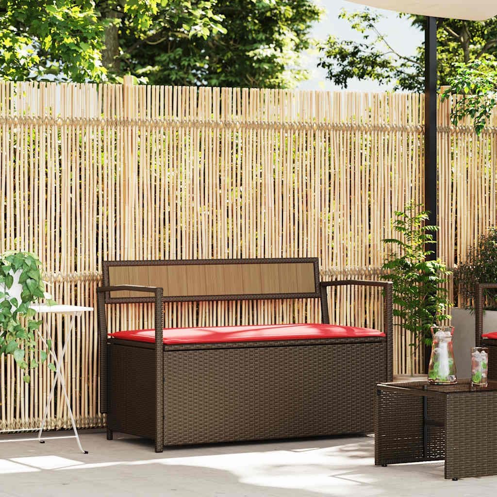 Patio Storage Bench with Brown Poly Rattan Cushion, Outdoor Garden Seat with Weather-Resistant Storage, Comfortable Yard Furniture for Porch, Deck, Balcony Relaxation