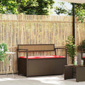 Patio Storage Bench with Cushion, Outdoor Garden Furniture Seat with Hidden Storage Box, Weather-Resistant Poly Rattan Deck Box for Backyard Pool Towels and Gardening Supplies, Brown and Red