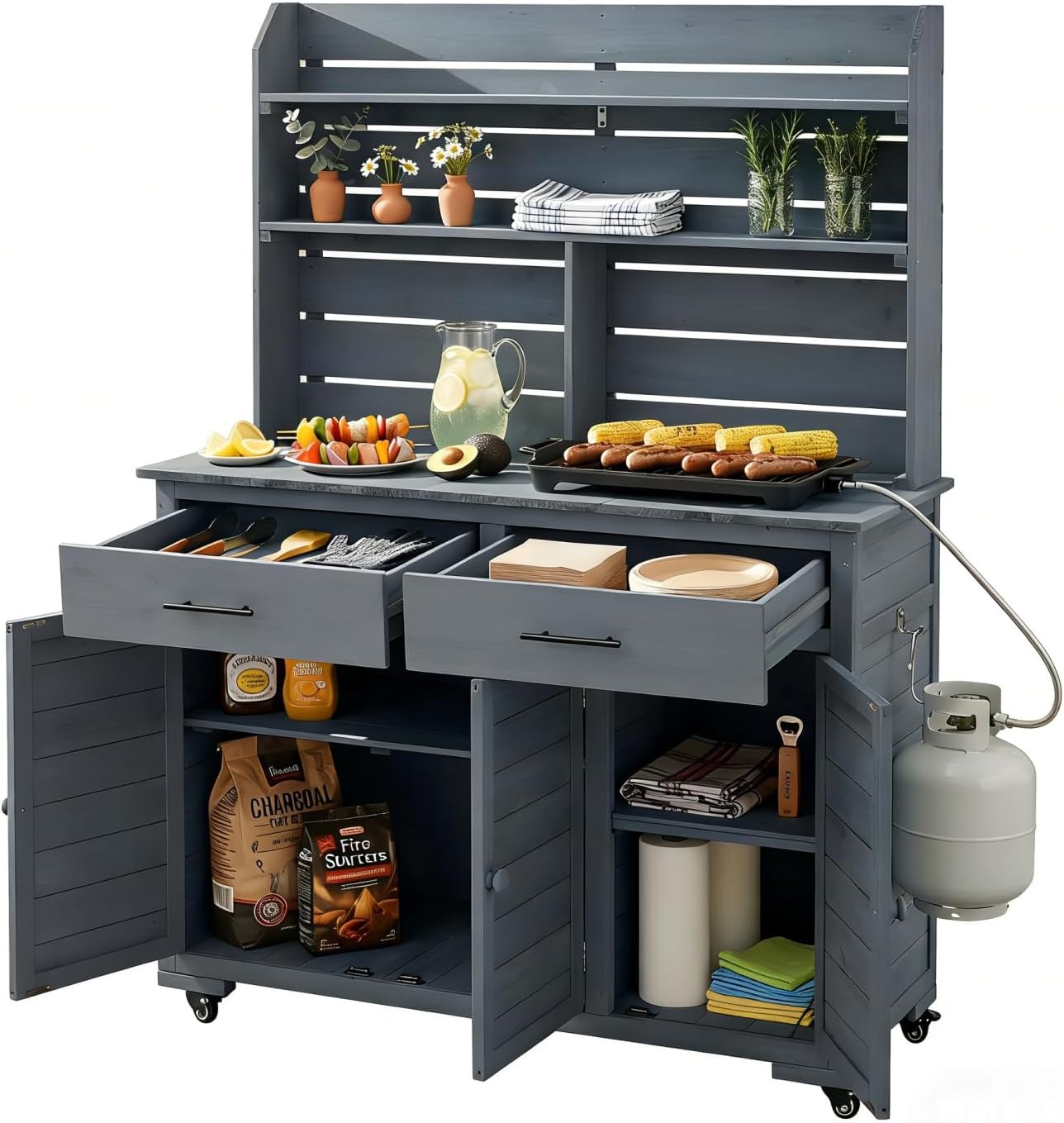 65'H Large Garden Potting Bench with Storage Cabinet, Outdoor Kitchen Island and Grill Cart