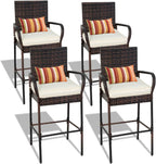 Sundale Outdoor Wicker Bar Stool Set of 4, Patio Counter Height Pub Chair with Arms, High Top Rattan Barstool, Cushion Beige, All-Weather Outdoor Rattan Furniture (Brown&Beige, Small Seat - 4 Stools)