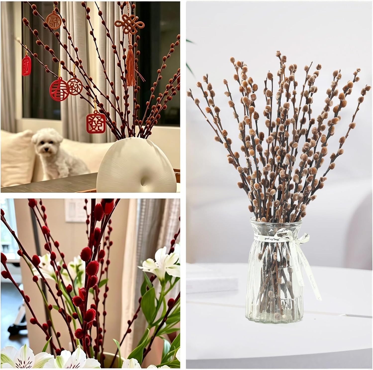 Natural Preserved Dried PussyWillow Branches for Vases, 20 Stems Real Willows, 17” Snow Pussywillows, Dried Flowers for Indoor Decor, Wedding Home DIY Floral Art Plants Fireplace, Brown