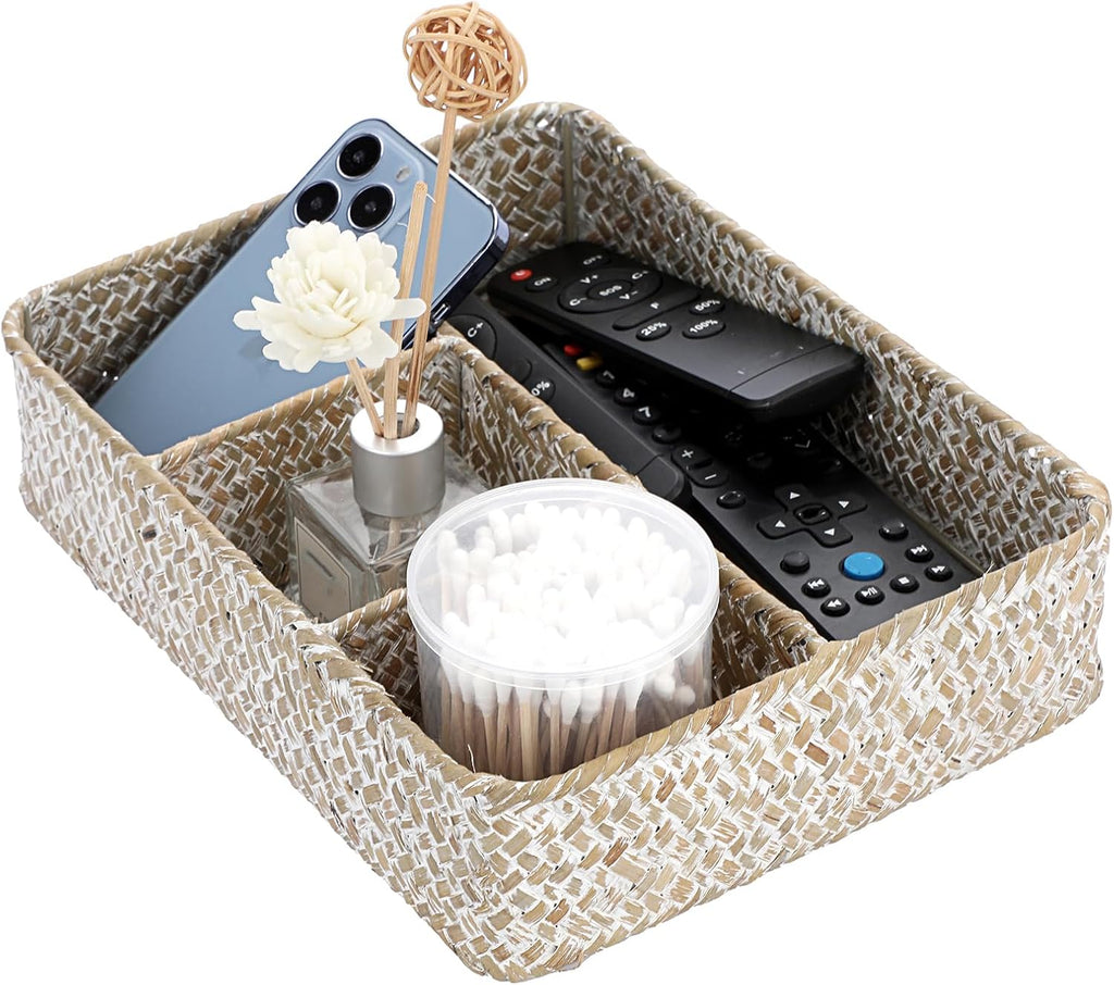 BTSKY Desk Drawer Organizer Tray, Coffee Station Organizer Tea Bag Organizer, Woven Seagrass Storage Basket with 4 Divided Sections Handwoven Wicker Basket for Shelves, Pantry, Coffee Bar (White)