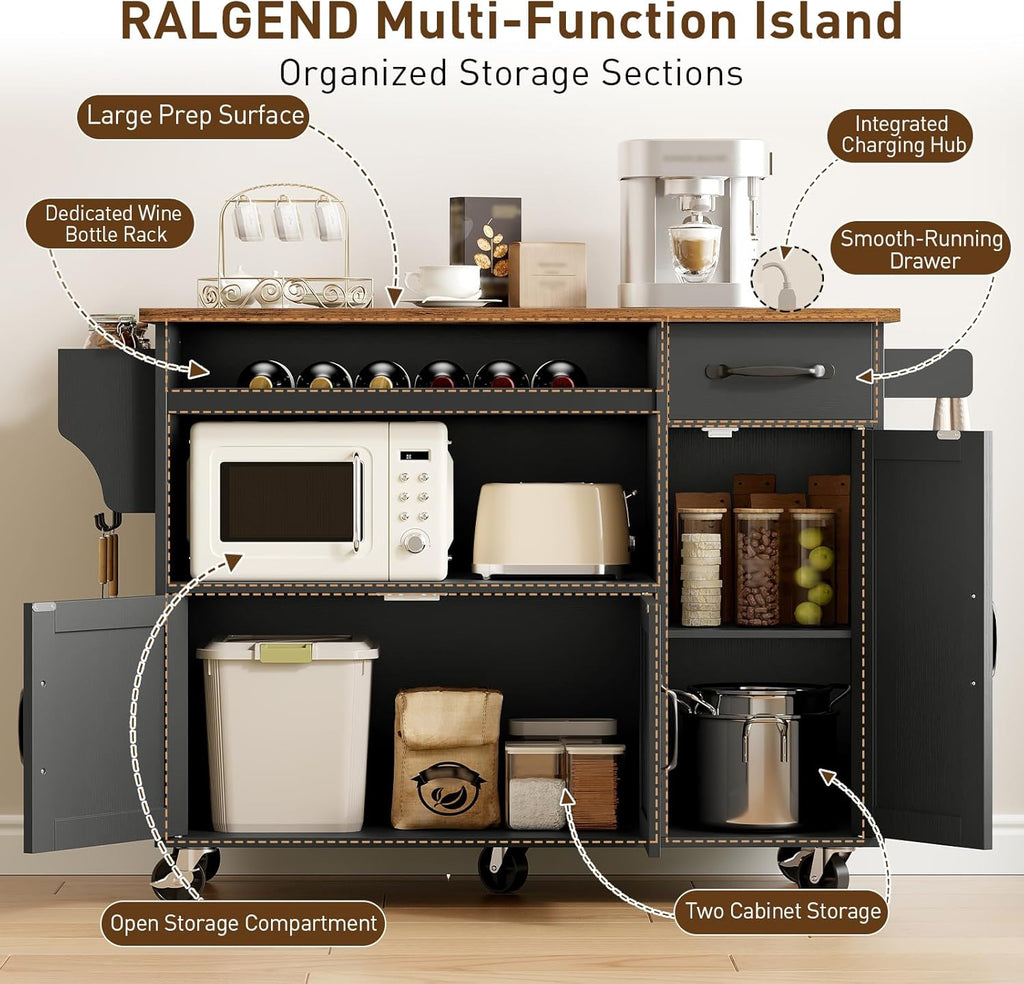 RALGEND Rolling Kitchen Island Cart with Drop Leaf & Power Outlet, Mobile Kitchen Island on Wheels, Island Table with Storage Cabinet, Microwave Shelf & Wine Rack for Kitchen, Black & Rustic Brown