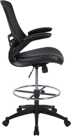 EMMA + OLIVER Mid-Back Black Mesh/LeatherSoft Ergonomic Drafting Chair with Flip-Up Arms