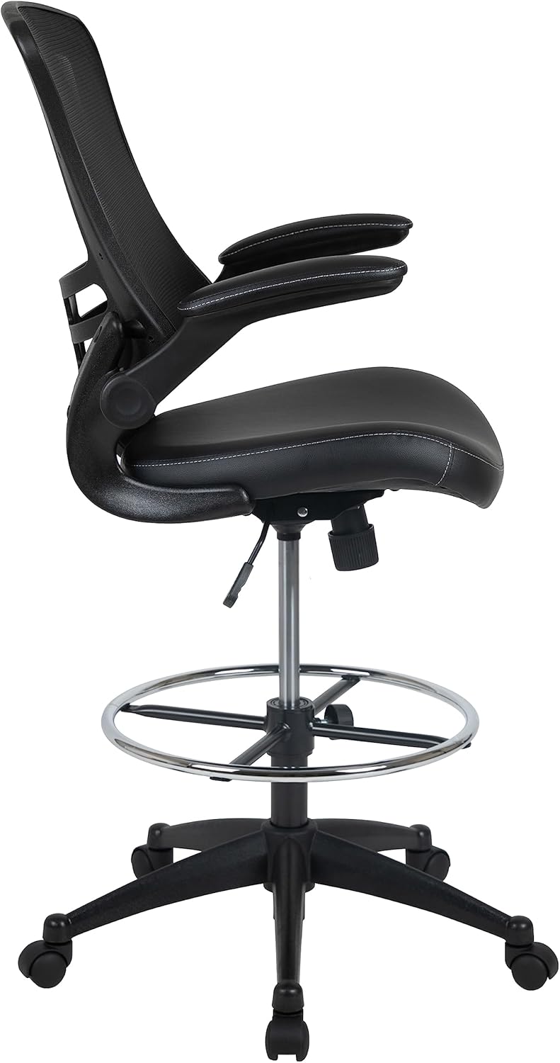 EMMA + OLIVER Mid-Back Black Mesh/LeatherSoft Ergonomic Drafting Chair with Flip-Up Arms