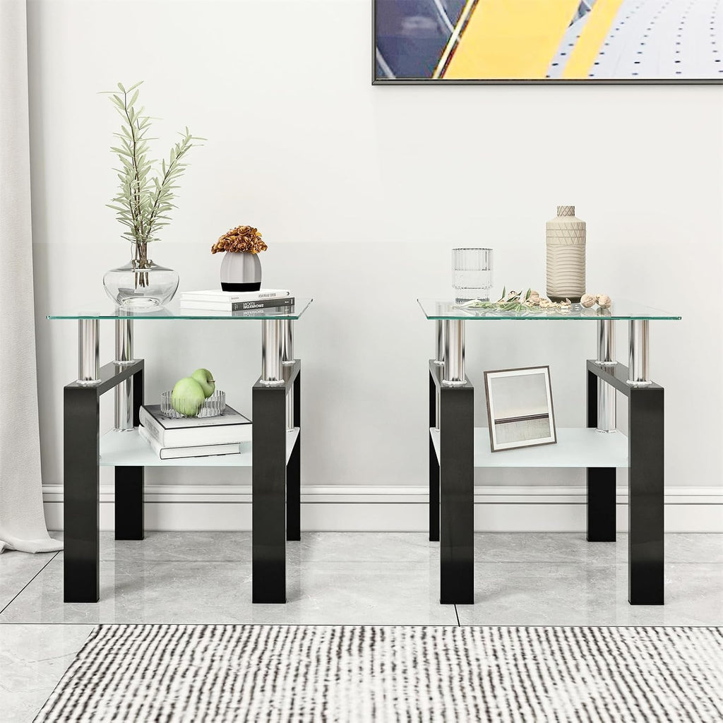 Square Glass End Table Set of 2, Clear Tempered Glass Top with Frosted Lower Shelf, Black Metal Legs, Square Sofa Side Table for Living Room Bedroom, 17.72x17.72x20.5 Inch, 150 lbs Capacit