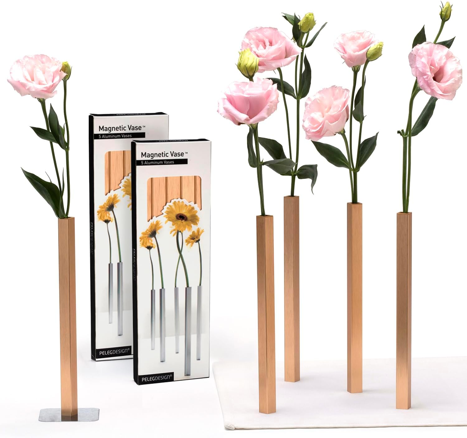 PELEG DESIGN Magnetic Bud Vase Set (Gold) - Unique Home Decor Gift & Modern Table Centerpiece - 10 Aluminum Single Stem Vases - 9.4" Tall Gravity Defying Decor
