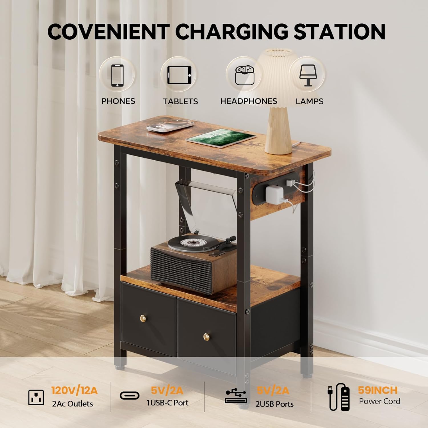 HLDIRECT 24" W End Table with Charging Station & USB Ports (Rustic Brown) | 2 Fabric Drawers & Storage Shelf ,Max Load 45 lbs, FSC-Certified MDF Wood, Metal Frame, Bedside Table for Small Space