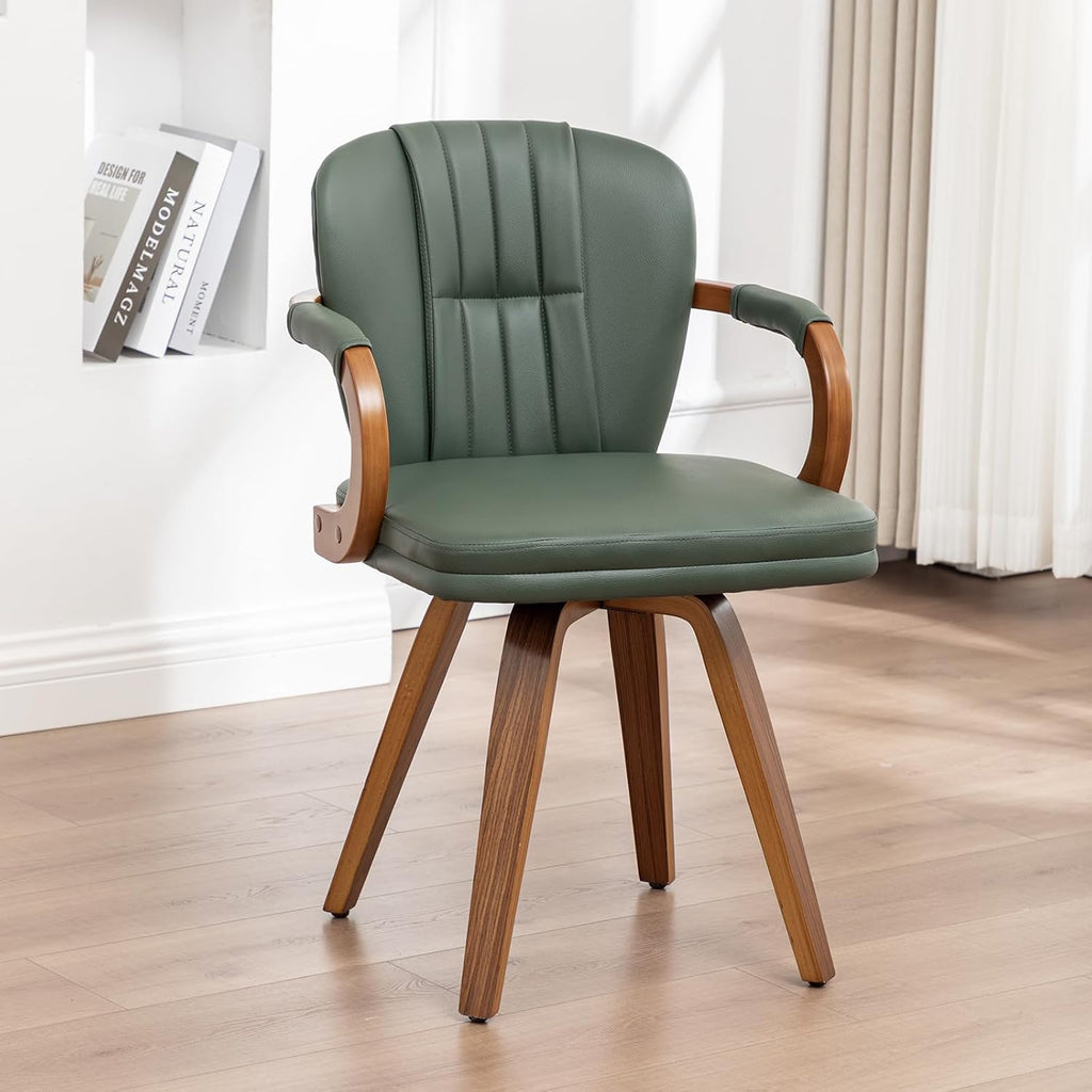 Swivel Dining Chairs Set of 2 Mid Century Modern Green Faux Leather Upholstered Kitchen Chairs with Bentwood Frame Armrests Side Chairs,Comfortable Ergonomic Wood Accent Chair No Wheels